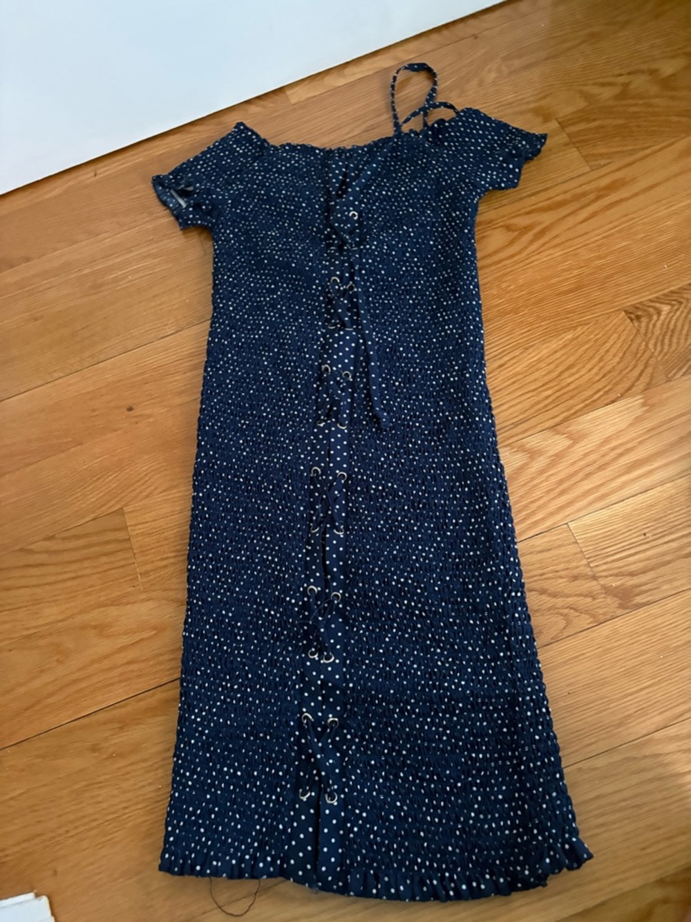 Poof! Navy Blue Polka Dot Smocked Dress